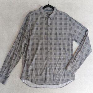 Bugatchi Shaped Fit Button Shirt Mens Large Herringbone Grid Plaid Black White